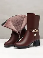 Women's Black Faux Leather Fur-Lined Mid-Calf Winter Boots with Star Charm and Block Heels – Elegant and Warm Footwear for Cold Weather