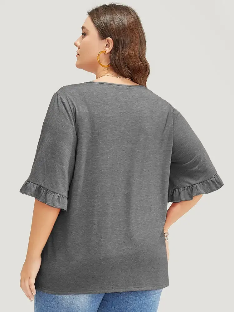 Solid Gathered Ruffle Trim Flounce Sleeve T-shirt
