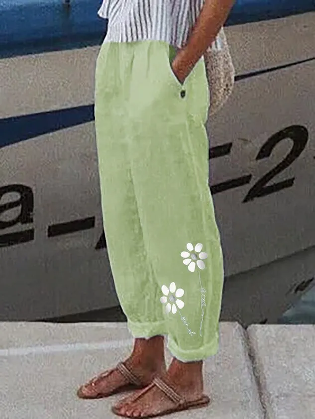 Casual FLoral Baggy Cotton Linen Cropped Pant