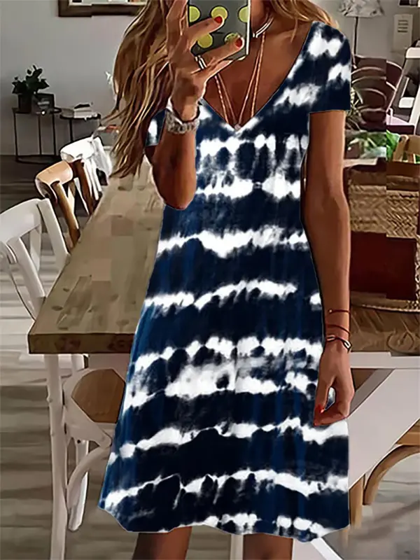 Elegant Short Sleeve Tie Dye Mini Dress