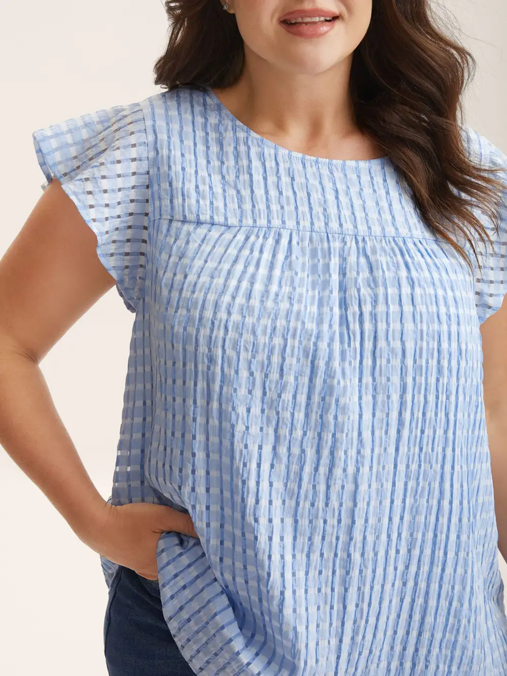 Textured Sheer Lined Flutter Sleeve Blouse