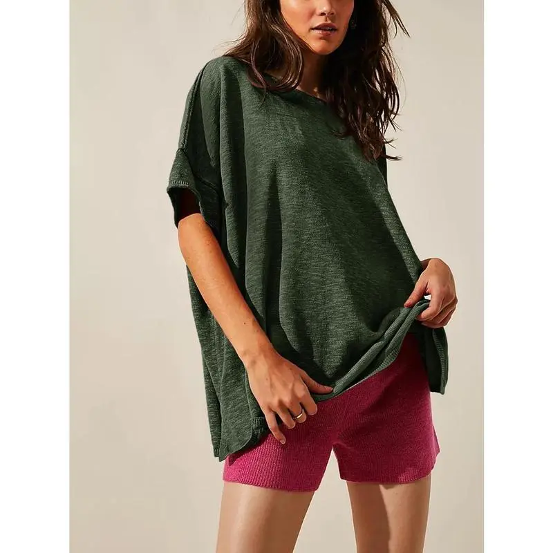 Women's Oversized Crew Neck Side Slit T-Shirt – Casual, Loose-Fit Summer Top