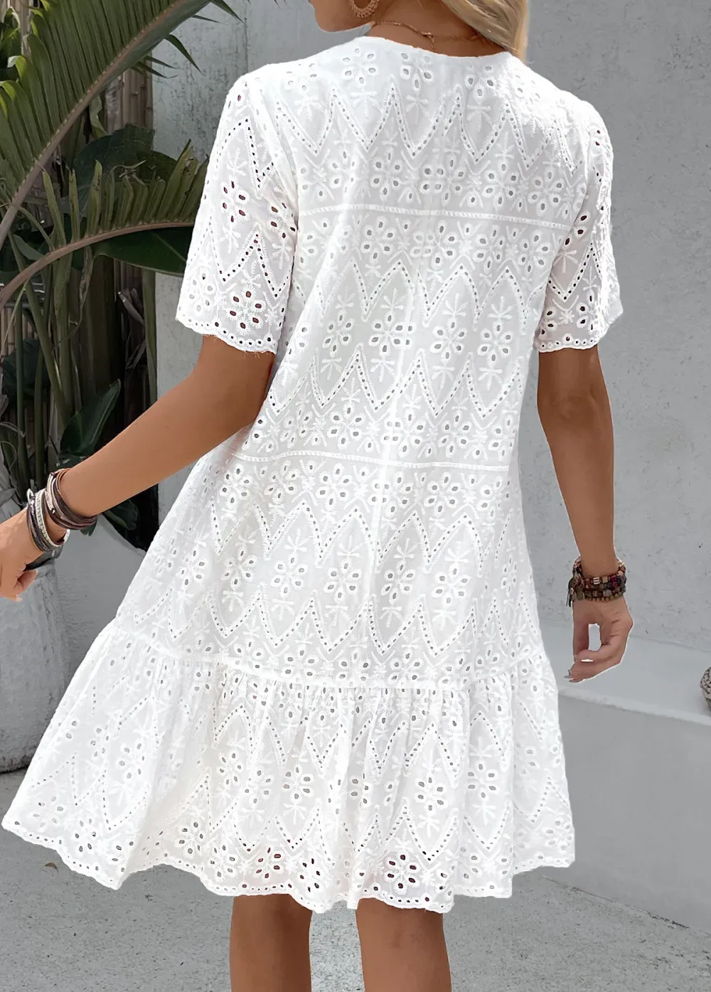 White A Line Short Sleeve Split Neck Dress