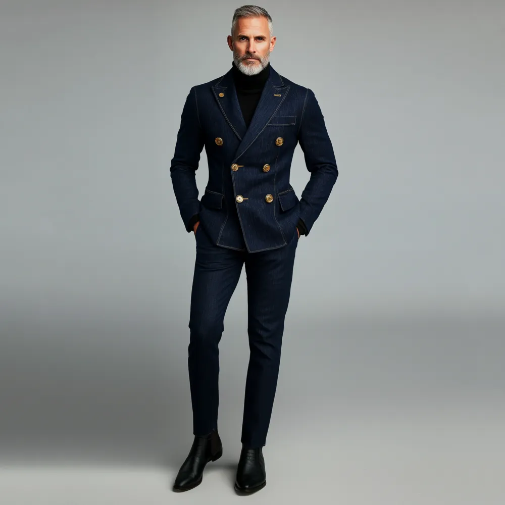 Men's Business Peak Lapel Double Breasted Flap Pocket Denim Blazer