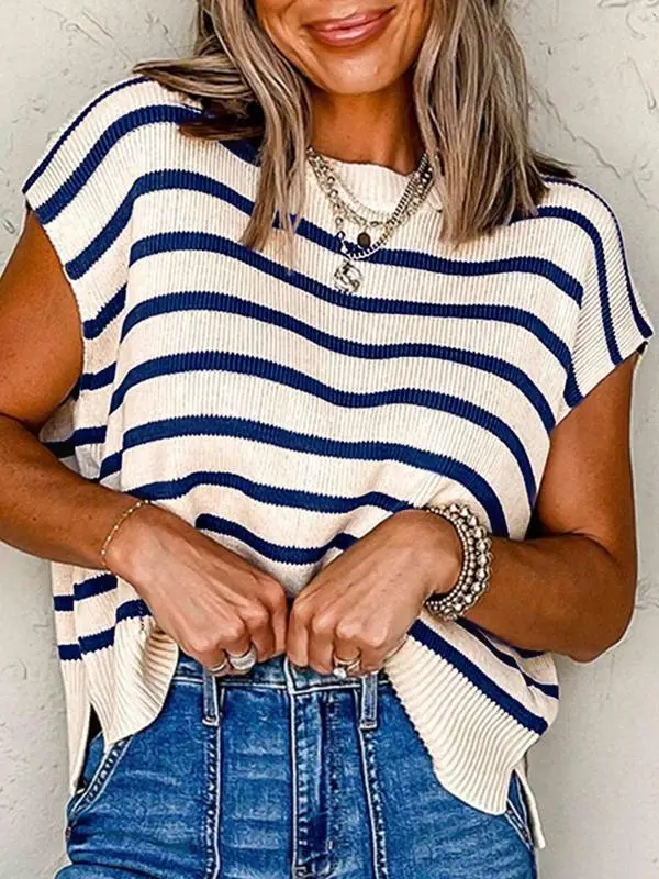Women's Striped Knit Sweater – Lightweight Crew Neck Pullover for Summer