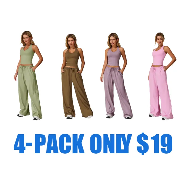 Women's Summer 2 Piece Set – Sleeveless V Neck Crop Top & Wide Leg Pants, Casual Lightweight Outfit