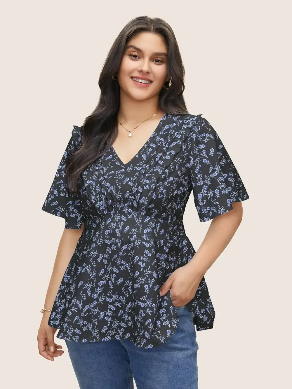 Floral Pleated Elastic Waist Ruffle Sleeve Blouse