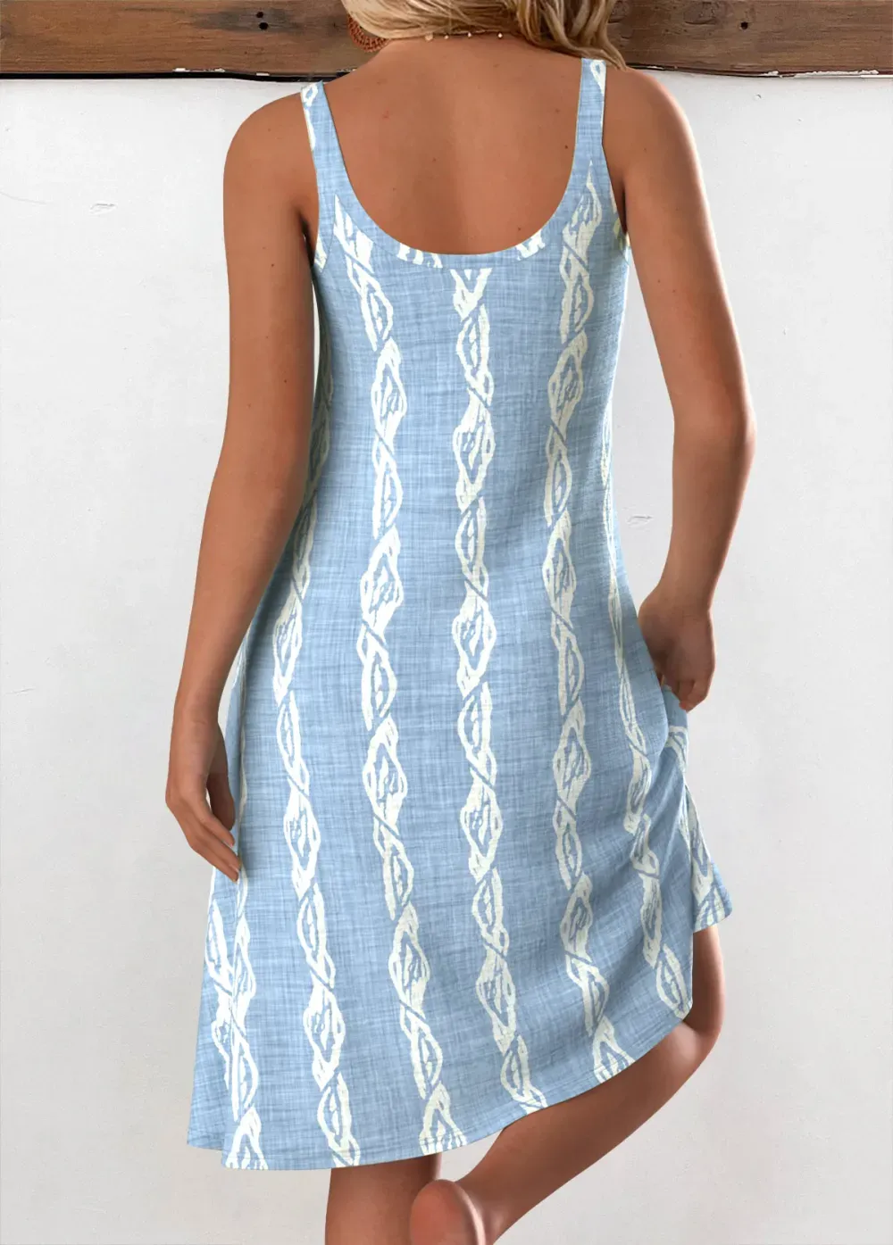 Light Blue Circular Ring Tropical Plants Print Strappy Dress