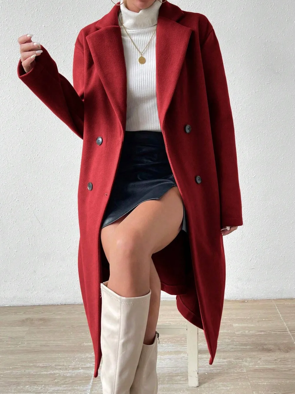 Womens Long Wool Coat Double Breasted Trench Coat Fall Winter Clothes