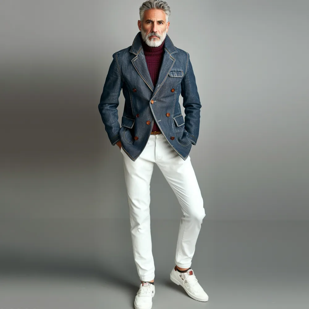 Men's Business Denim Notch Lapel Buttons Flap Pocket Blazer