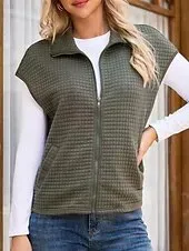 Women's Sweater Sweater Vest Streetwear Casual Solid Color Shirt Collar Zipper Pocket Knitted Sleeveless Regular Tops Knit Daily Holiday Going out Black White Fall Winter