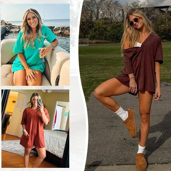 Women's Casual Oversized Short Sleeve Romper – Reversible Athletic Jumpsuit for Workouts & Daily Wear