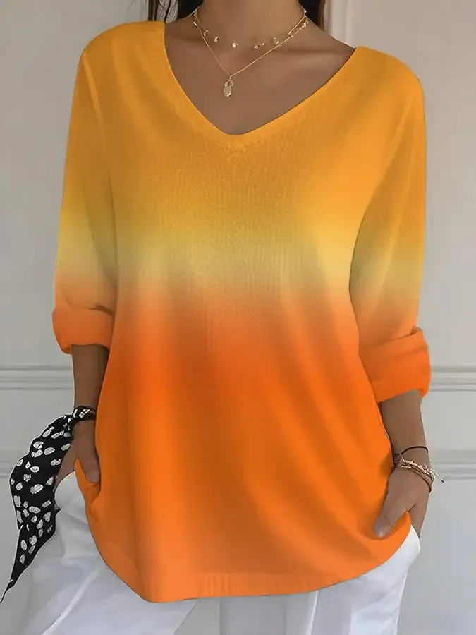 Women's Casual Autumn Gradient Bubble Ruffle Long Sleeve Top