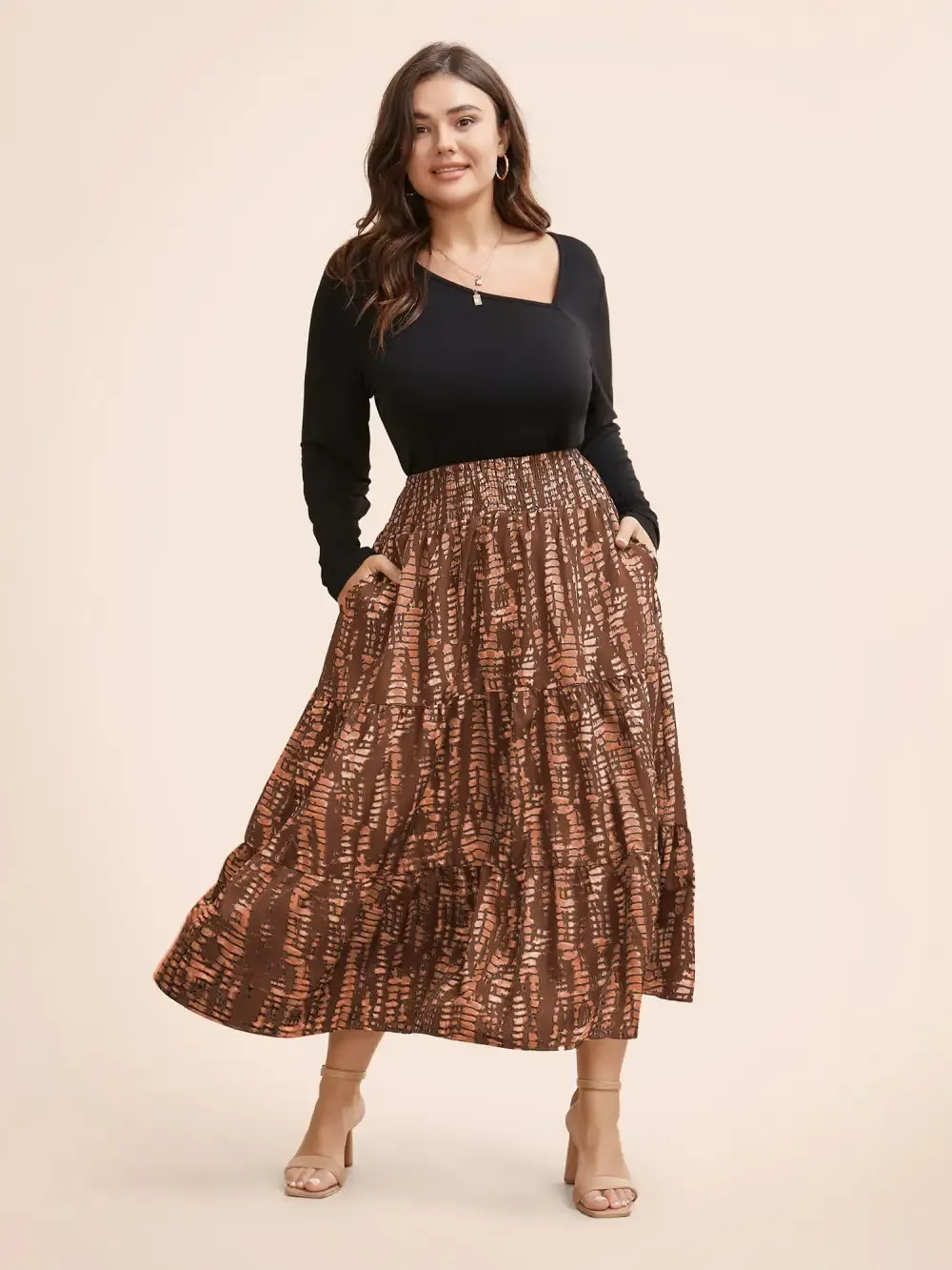 Geometric Shirred Ruffle Layered Hem Skirt