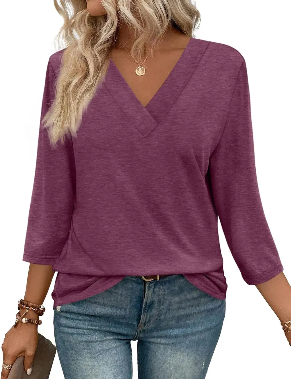 ✨Flash Sale Women's Trendy V Neck 3/4 Long Sleeve Tops Loose Fit Blouse