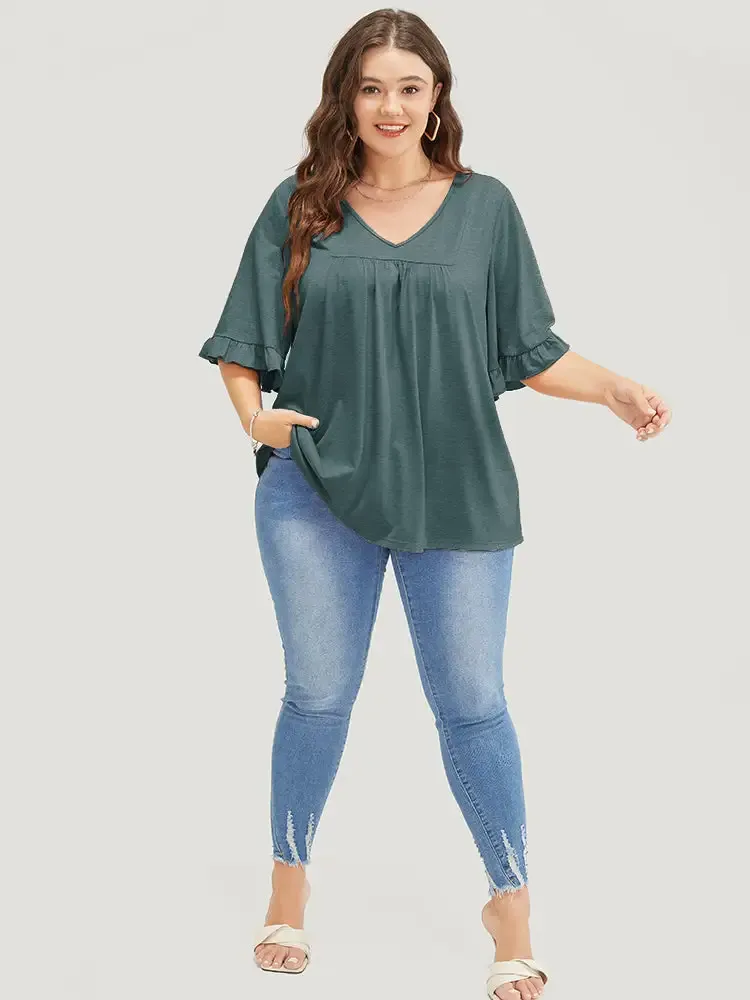 Solid Gathered Ruffle Trim Flounce Sleeve T-shirt
