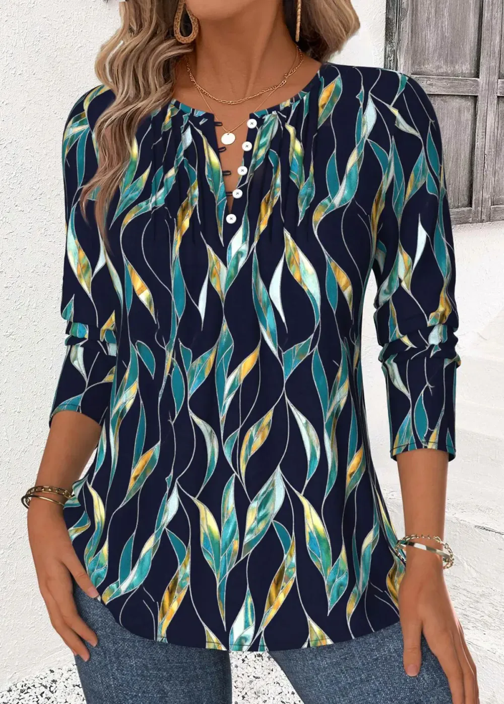Navy Leaf Print Long Sleeve Split Neck Blouse