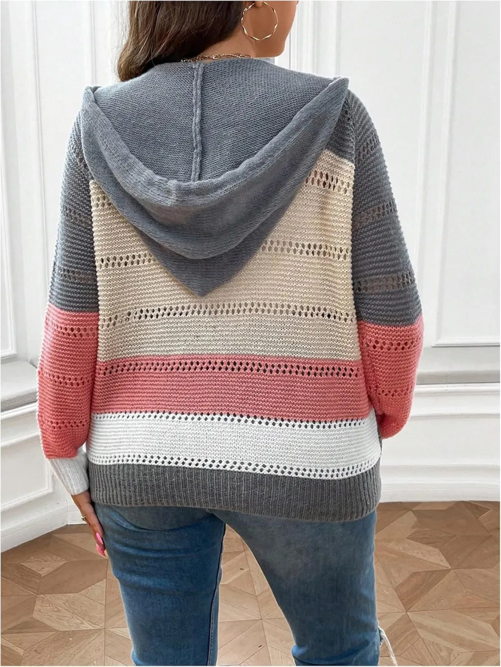 Women's Colorblock Zip Up Hoodie Jacket Long Sleeve Drawstring Hooded Cardigan Coat
