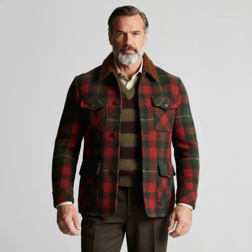 Men's Multicolor Plaid Turndown Collar Long Sleeve Button Multiple Pockets Jacket