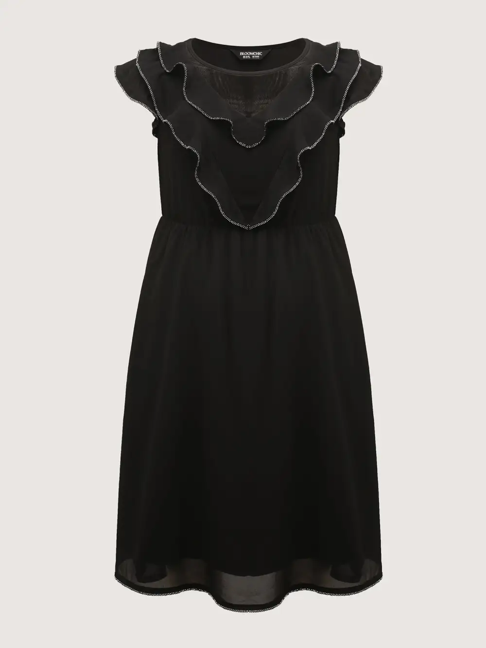 Sheer Rhinestone Chain Trim Ruffled Midi Dress
