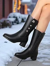 Women's Black Faux Leather Winter Boots with Warm Fur Lining, Mid-Calf Snow Boots with Block Heel, Non-Slip Cozy Fashion Footwear for Cold Weather, Outdoor Travel and Holiday Wear