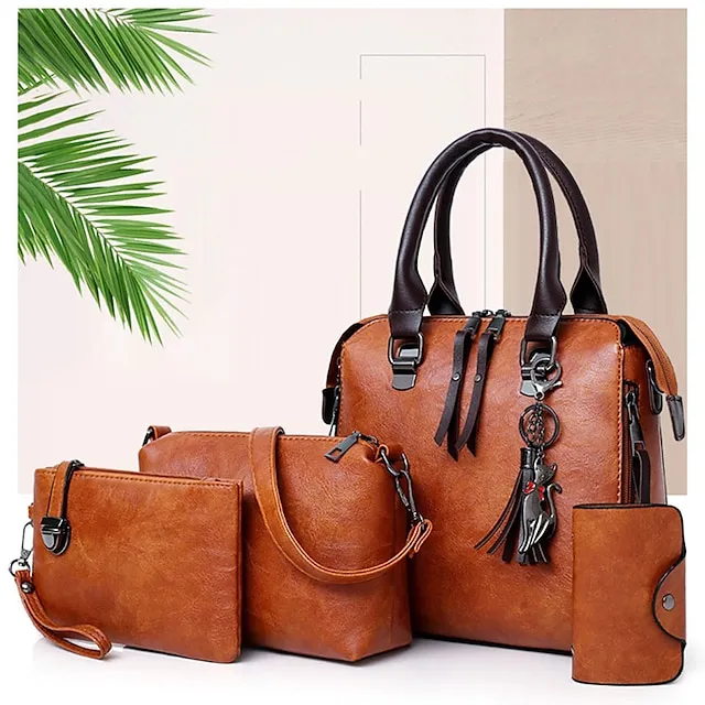 Women's Tote Bag Set Boston Bag PU Leather Shopping Daily Zipper Adjustable Large Capacity Waterproof Solid Color Black Pink Red
