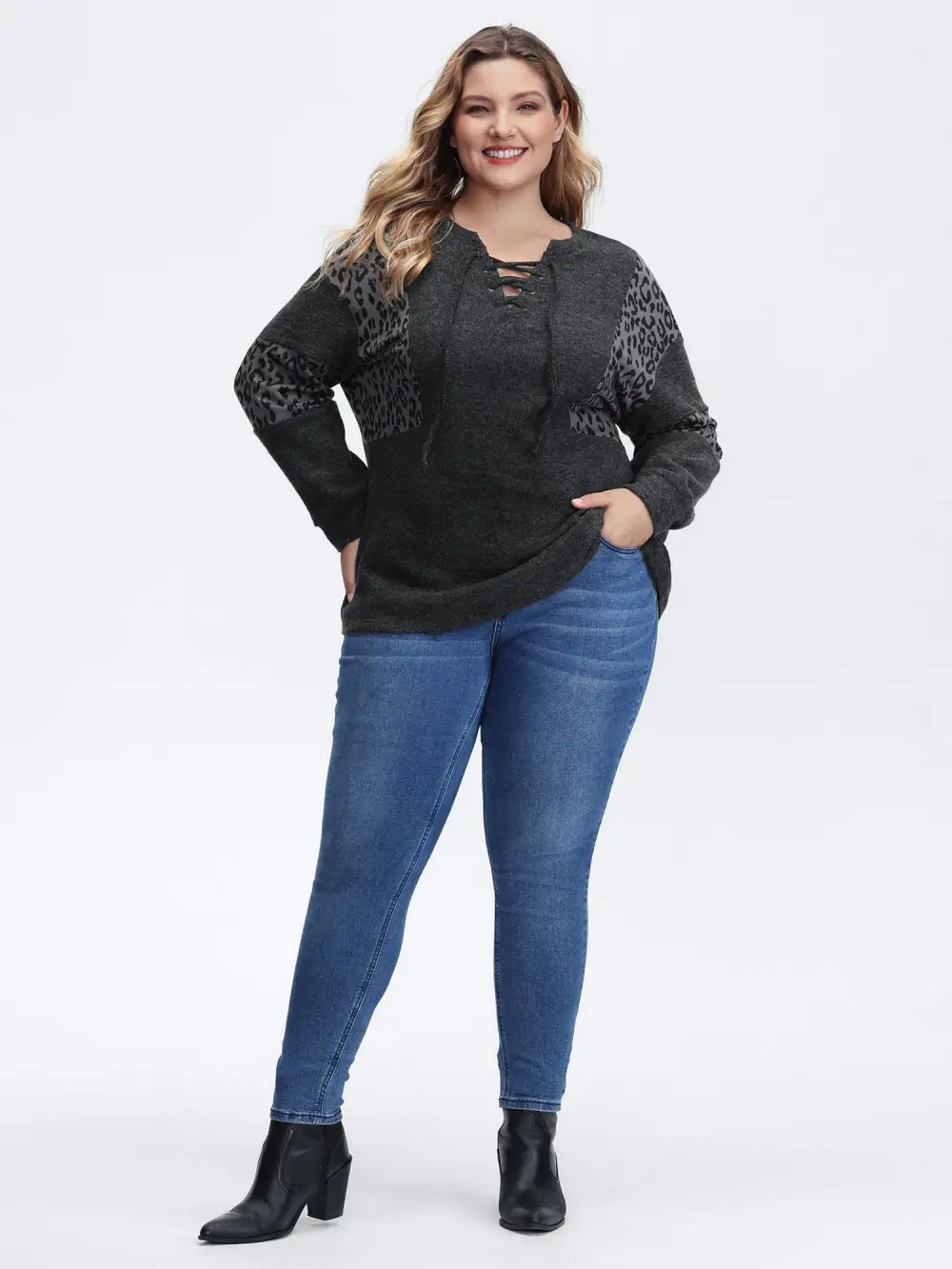 Leopard Print Patchwork Cross-Tie Neckline Sweatshirt