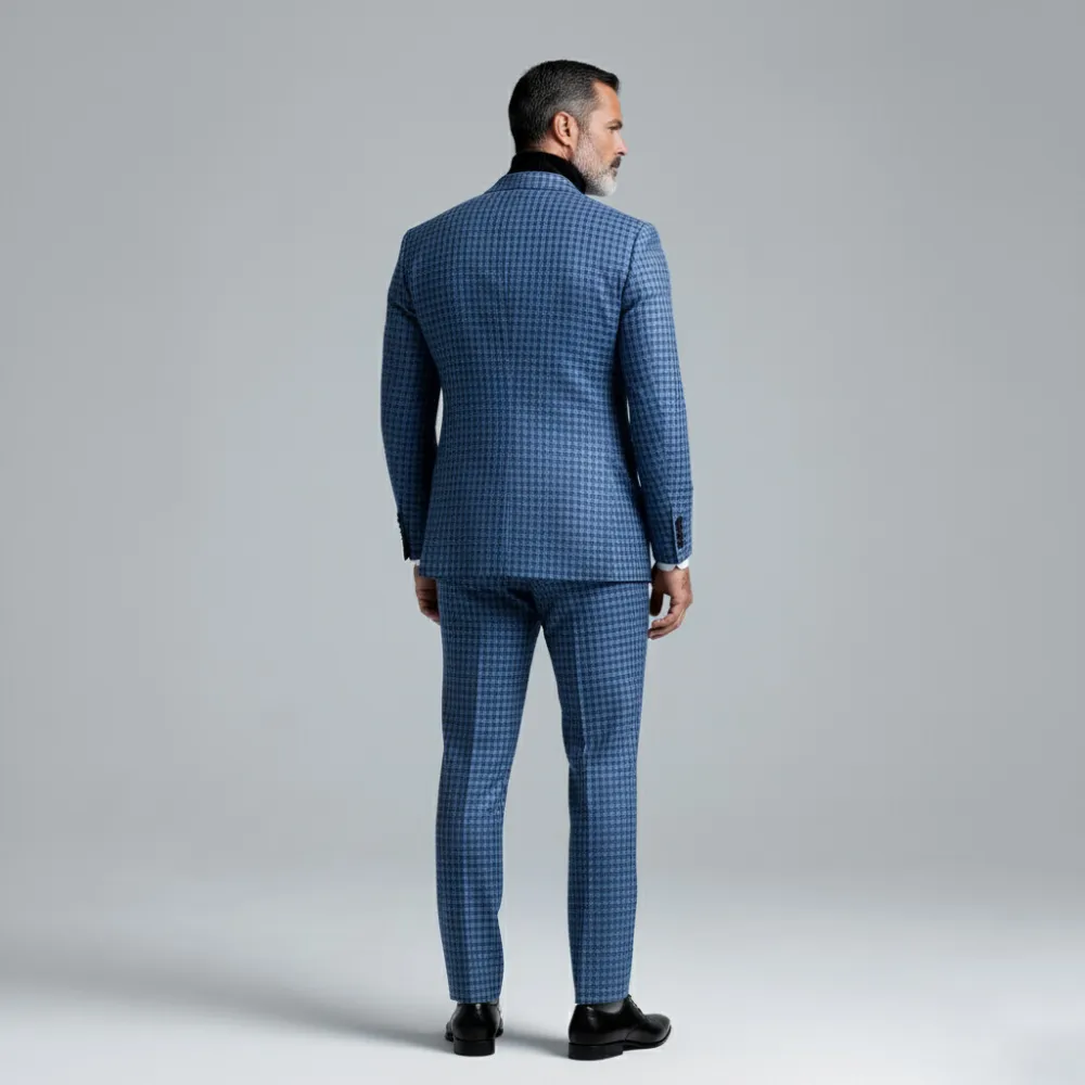 Men's Blue Plaid Notch Lapel Single Breasted Long Sleeve Blazer & Suit Pants 2Pcs Set
