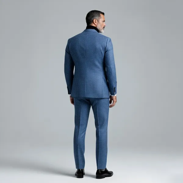 Men's Blue Plaid Notch Lapel Single Breasted Long Sleeve Blazer & Suit Pants 2Pcs Set