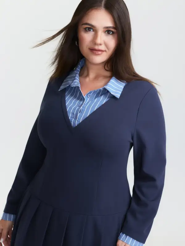 Layered Waist-Defining Pleated Knee-Length Dress