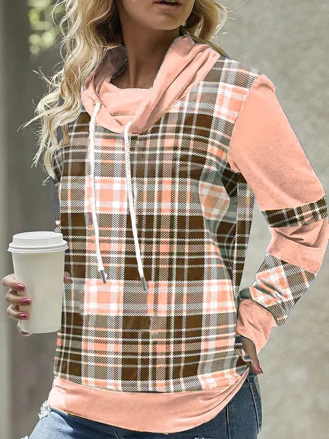 Women's Hoodie Sweatshirt Pullover Sports Basic Drawstring Red Blue Purple Plaid Street Casual Hoodie Long Sleeve Top Micro-elastic Fall & Winter