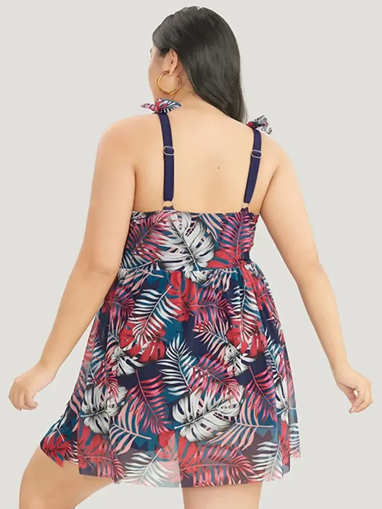 Tropical Print Bow Sculpt Waist Split Swim Dress