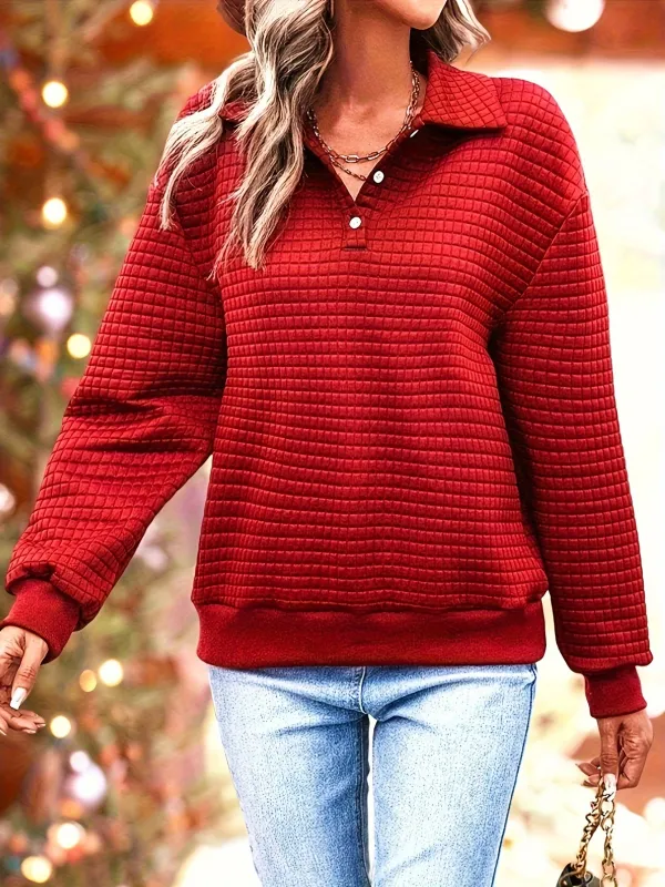 Cozy Waffle Knit Pullover Sweatshirt - Chic Quarter-Button, Lapel Collar, Long Sleeve - Perfect for Fall & Winter