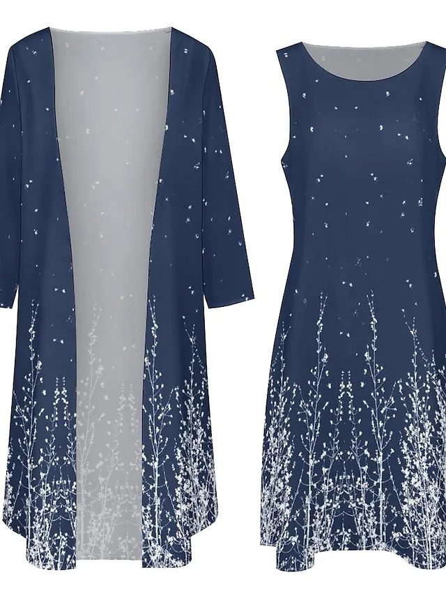 Women's Two Piece Dress Church Dress Long Dress Maxi Dress Dusty Blue Long Sleeve Color Block Print Summer Spring Crew Neck Stylish Winter Dress Fall Dress Loose Fit 2023 S M L XL XXL 3XL 4XL 5XL