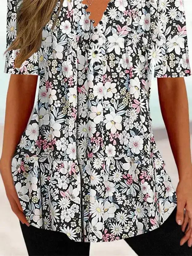 Women Half Sleeve V-neck Floral Printed Tops
