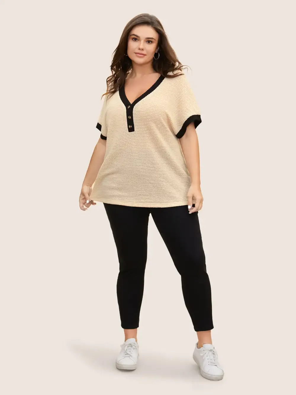 V Neck Contrast Button Detail Knit T-Shirt