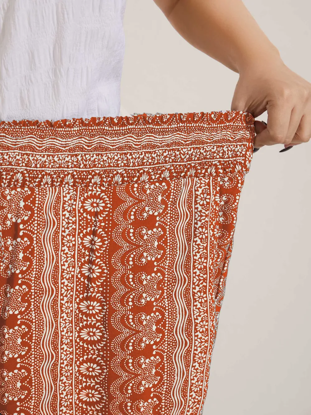 Boho Print Shirred Waist Wide-Leg Pants