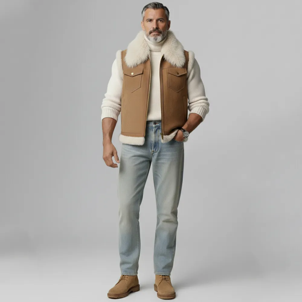 Men's Light Brown Plush Collar Chest Flap Pockets Zip Up Suede Vest