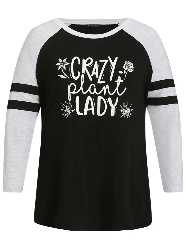 Letter & Floral Print Striped Patchwork Raglan Sleeve Sweatshirt