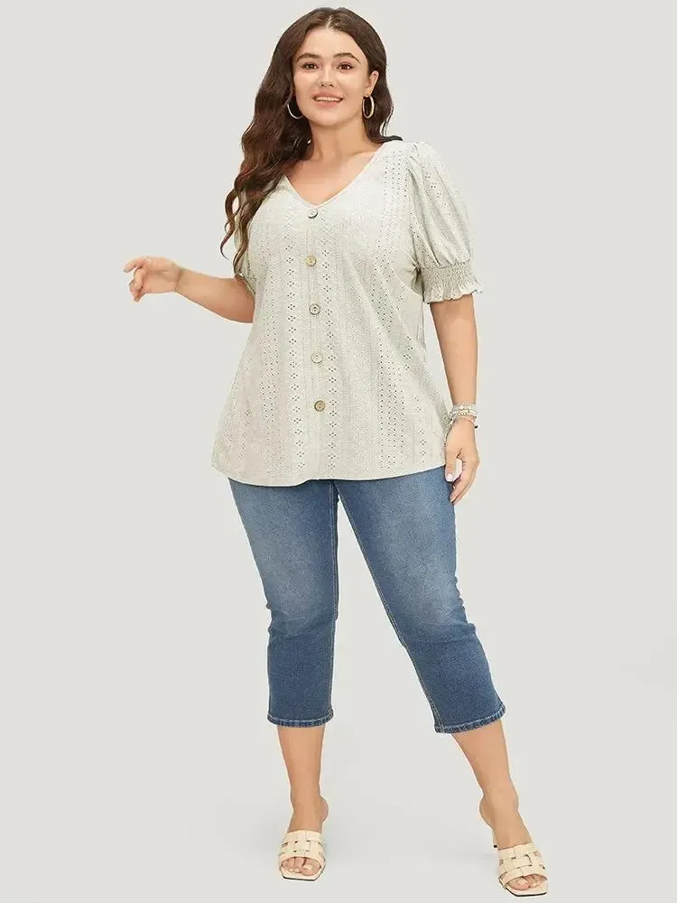 Plain Broderie Anglaise Shirred Puff Sleeve Button Detail T-shirt