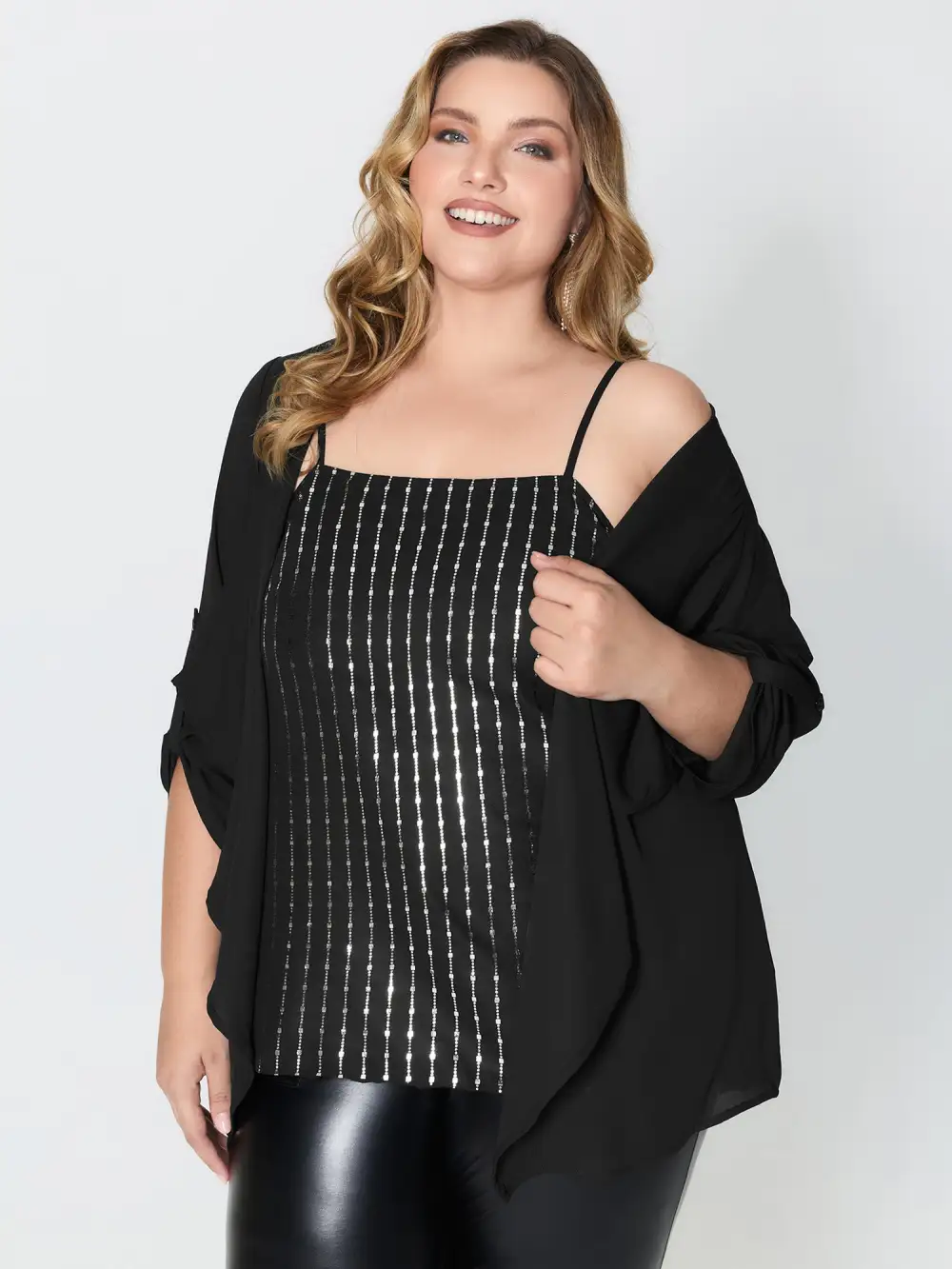 Shiny Silk Two-Piece Ruffled Blouse