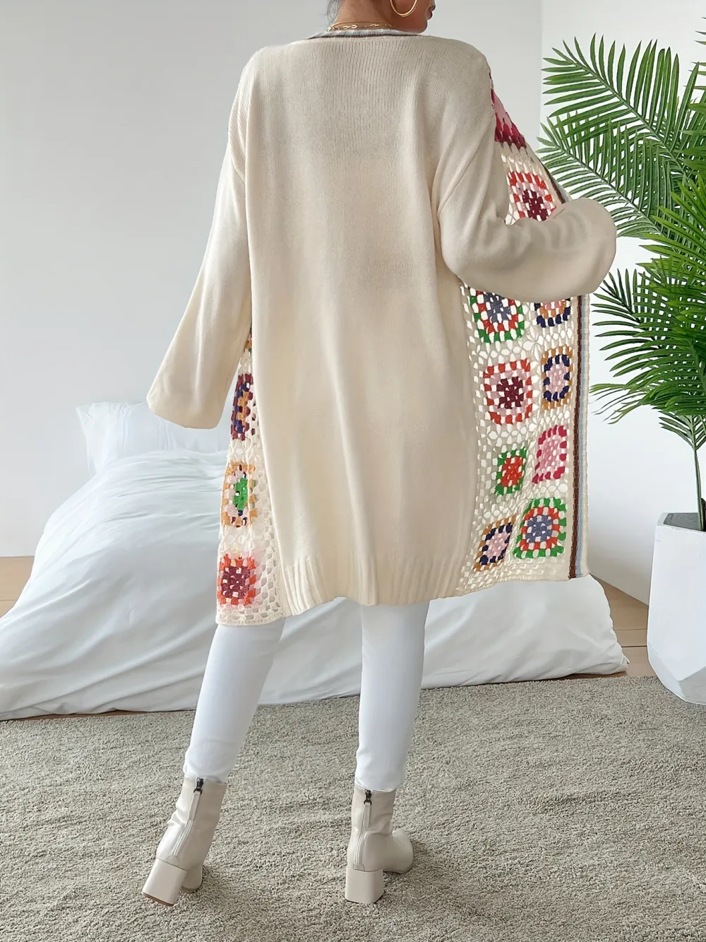 Colorful Crochet Open Front Cardigan, Versatile Drop Shoulder Long Sleeve Mid-length Cardigan For Spring & Fall, Women's Clothing