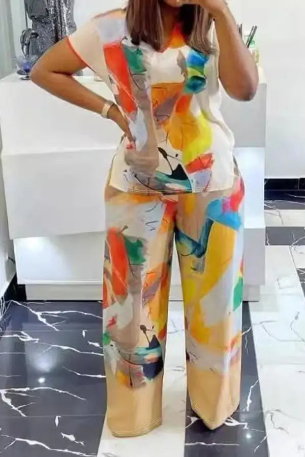 Watercolor Print V-Neck Casual Wide-Leg Pant Set