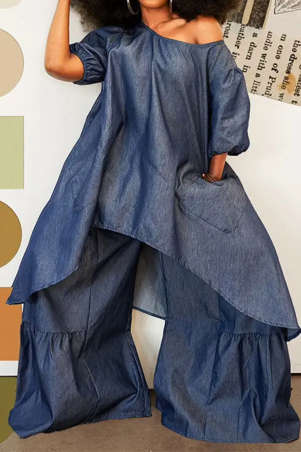 Denim Irregular Top & Ruffle Pant Set