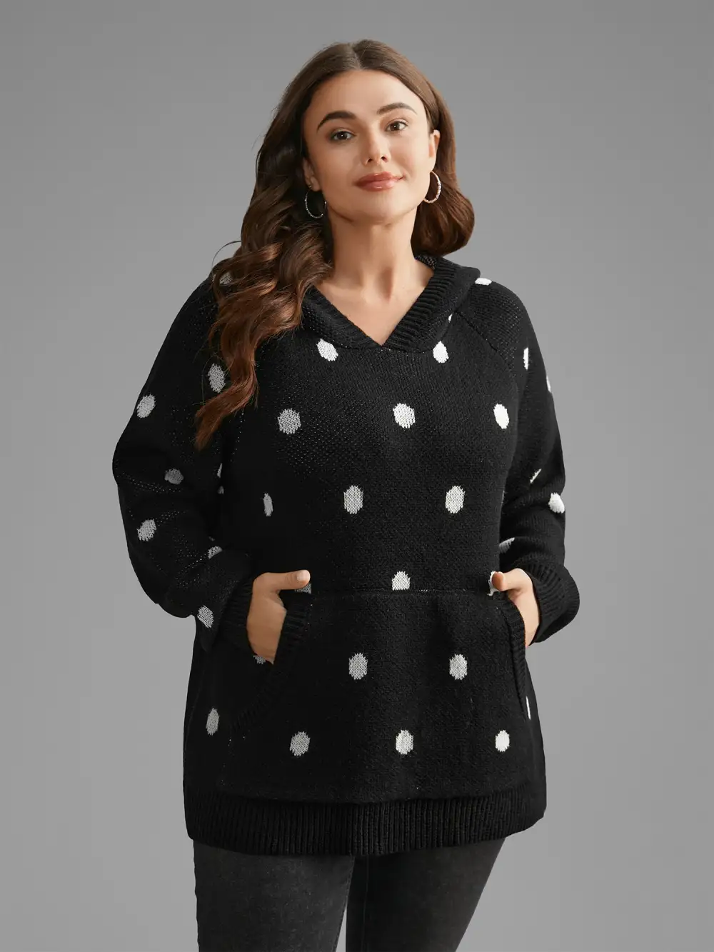 Polka Dot Hooded Patch Pocket Pullover
