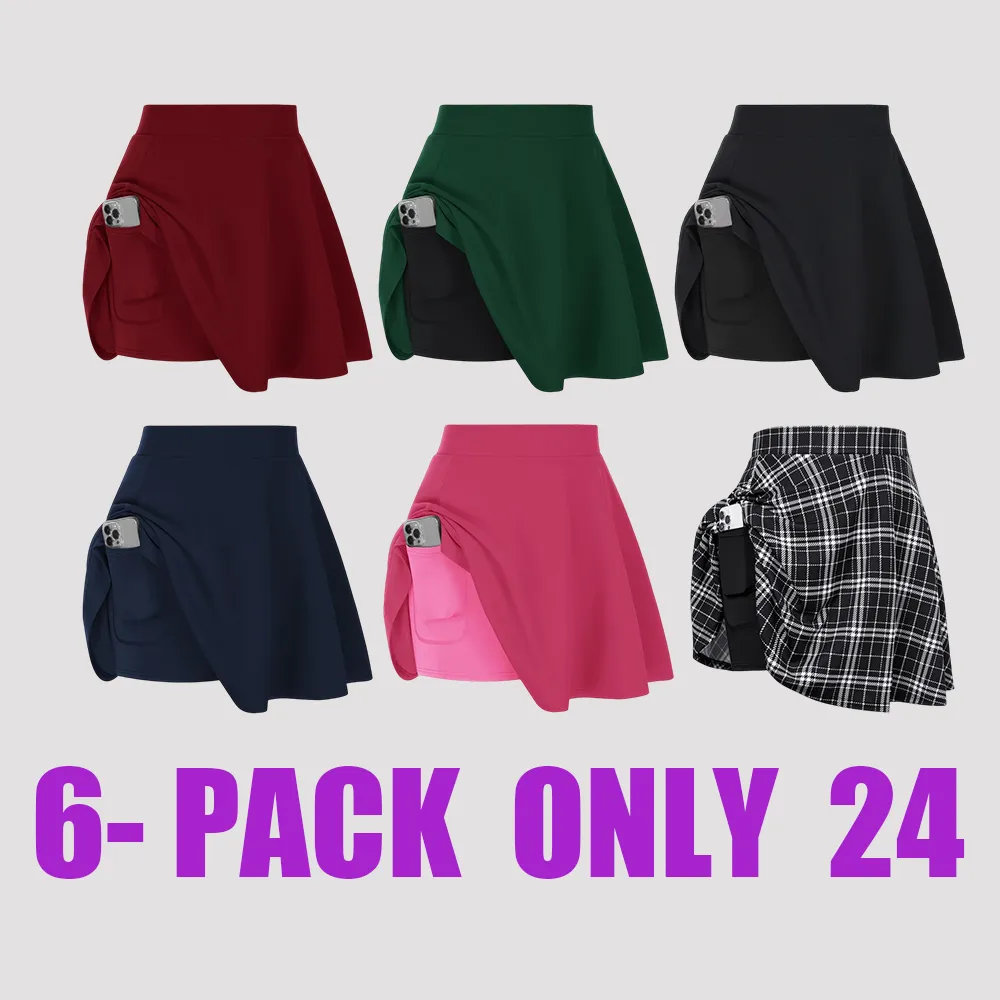 Women Plus Size Casual Mini Skater Skirt Elastic Lining High Waist Basic Flared Skorts Pleated with Pocket