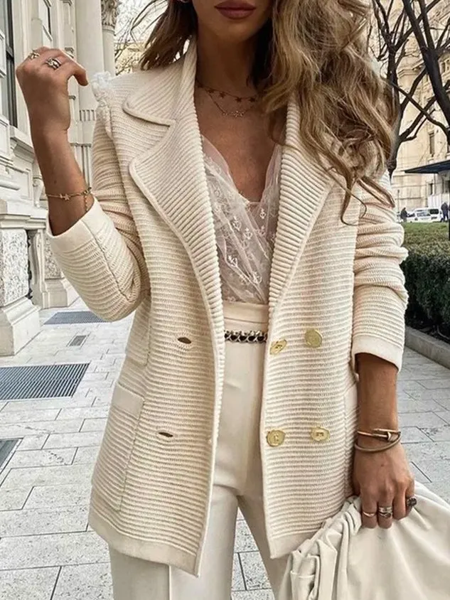 Lapel Collar Long Sleeve Plain Buckle Regular Micro-Elasticity Loose Blazer For Women