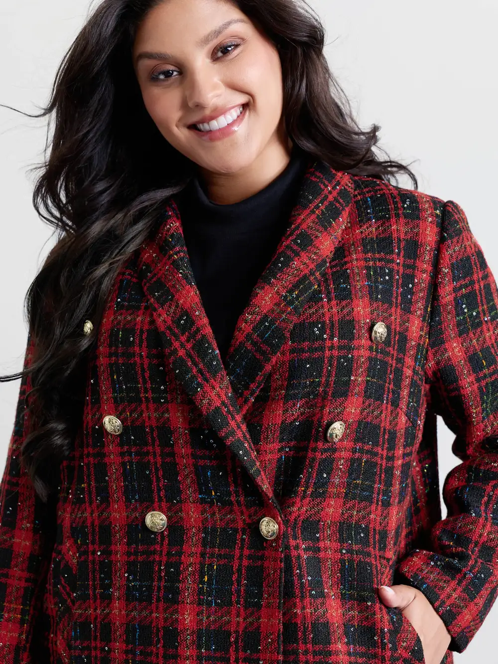 Holiday Plaid Textured Button Blazer