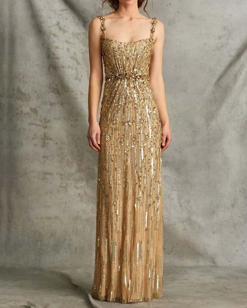 Bright Gold Beading Evening Gown