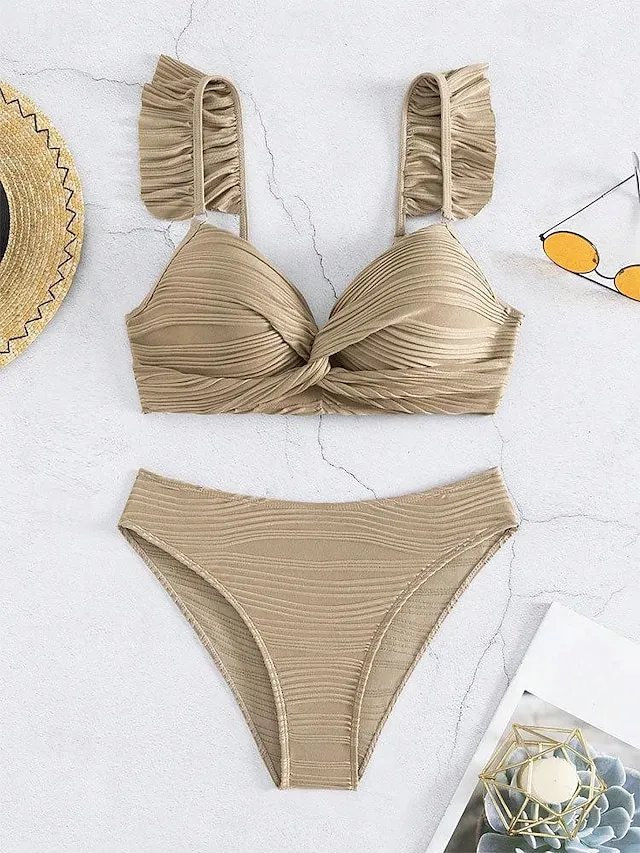 Women's Swimwear Bikini Normal Swimsuit Ruffle 2 Piece Plain Beach Wear Holiday Bathing Suits